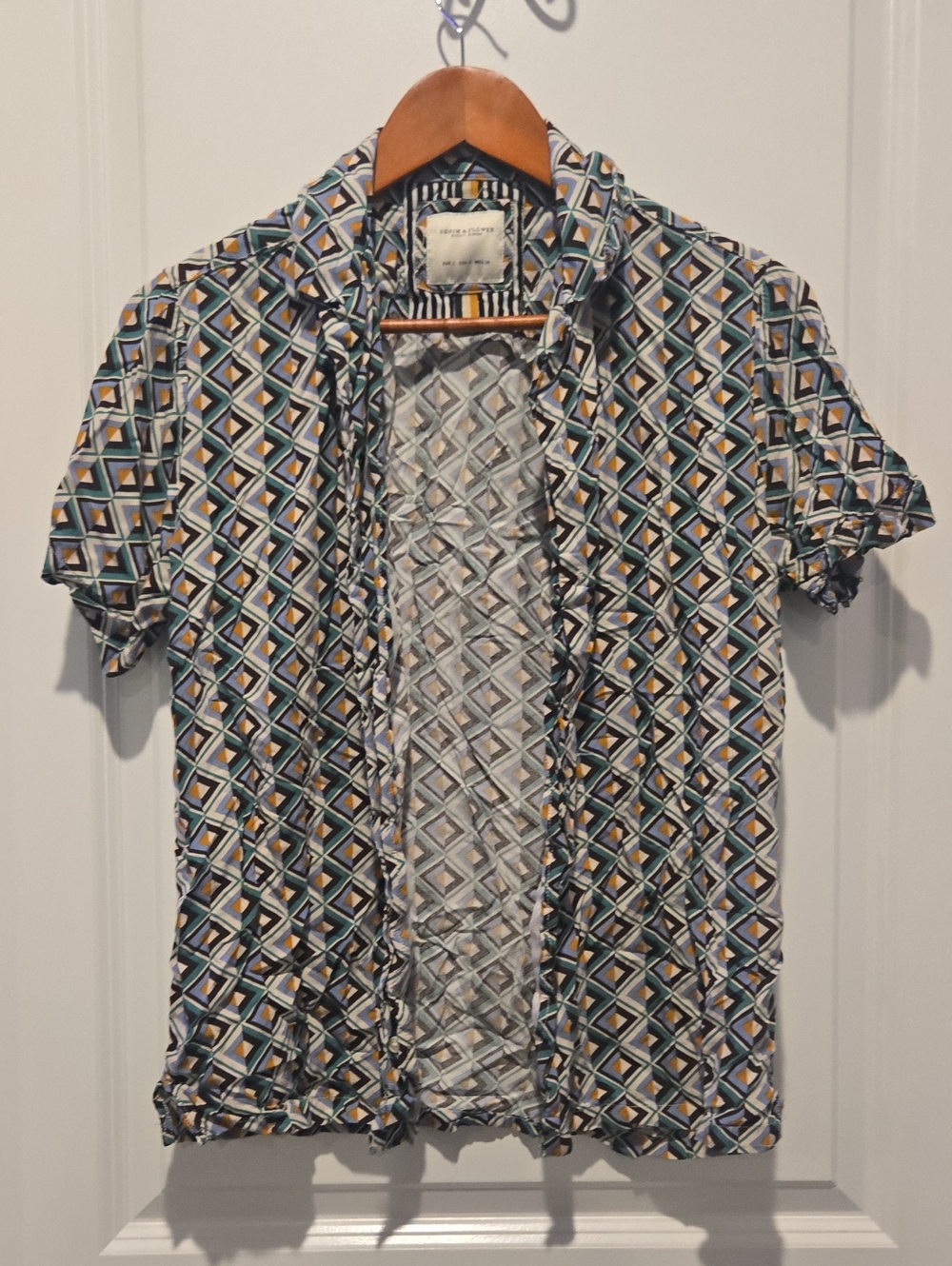 Denim & Flower Short-Sleeve Button-Down in Blue, Green & Yellow Geometric Print